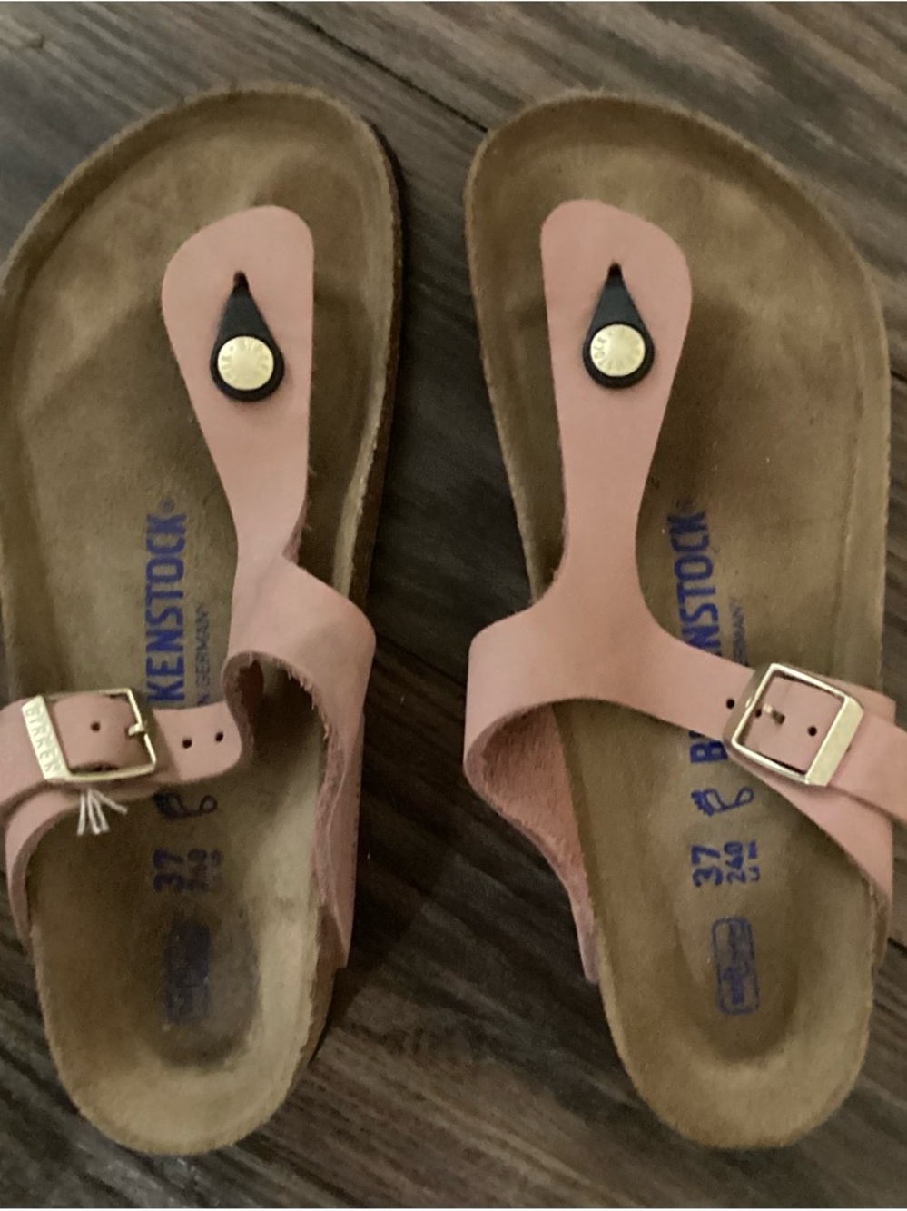 Birkenstock Pink Leather Toe-Post Sandals with Gold Buckles